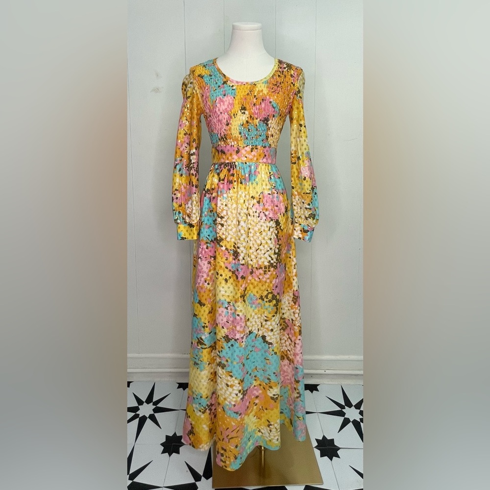Vintage 1970’s Smocked Colorful Maxi Dress w/ a Lurex Sparkle